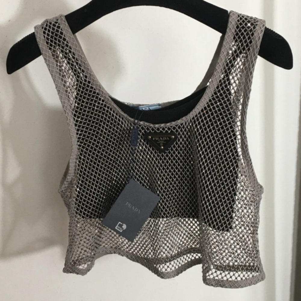 PRADA Rhinestone embroidered mesh top